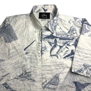 Guy Harvey Classic Mens XL Blue White All Over Print Fishing Shirt Marlin Shark